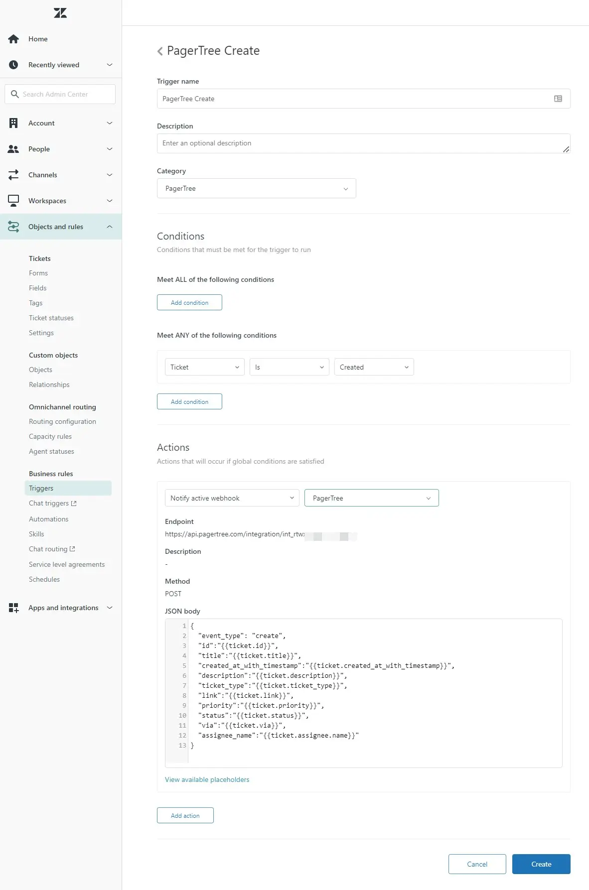 Zendesk PagerTree Create Trigger